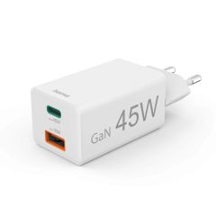 Hama Fast Charger, 1x USB-C, 1x USB-A, Mini Charger, PD, 45 W, white (201993)