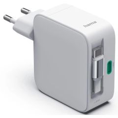 Hama 65W GaN Fast Charger, 2x USB-C with Extendable Cable, White /201957