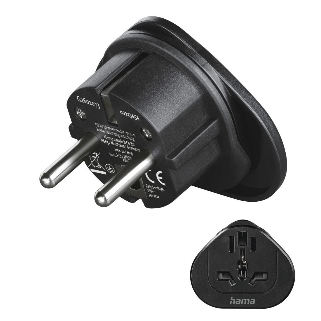 Hama Travel Adapter Type E and F, 3-Pin, Universal, World to Europe, Black /223461