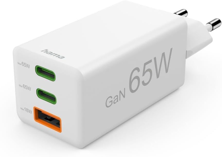 Hama Fast Charger, 2x USB-C, 1x USB-A, Mini Charger, PD, 65W, White (201996)
