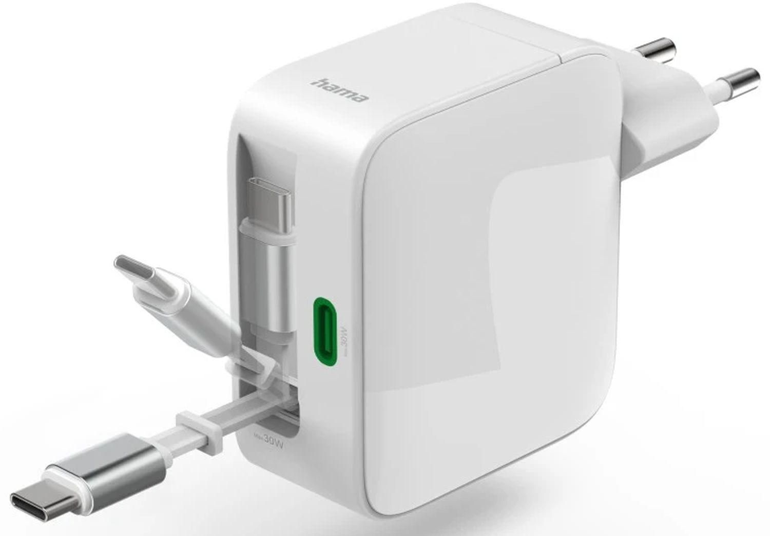 Hama 30W GaN Fast Charger, 2x USB-C with Extendable Cable, White /201956