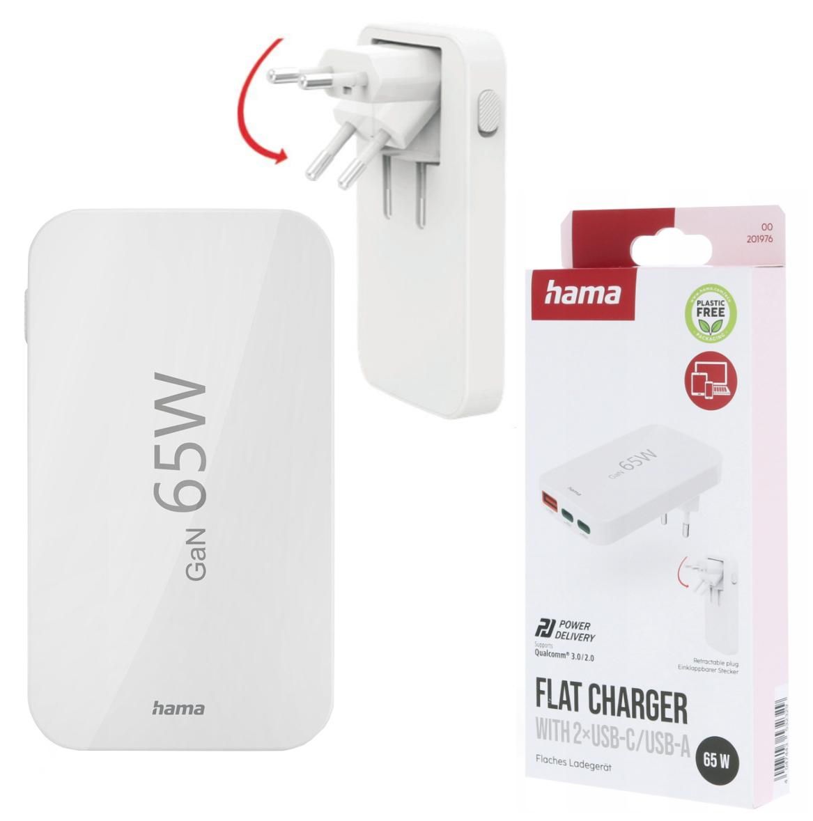 Hama 65W Fast Charger, 2x USB-C, 1x USB-A, Flat Mini Charger, White /201976