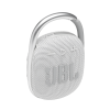 White JBL Clip 4 portable speaker with a built-in carabiner clip, displayed on an e-commerce site.
