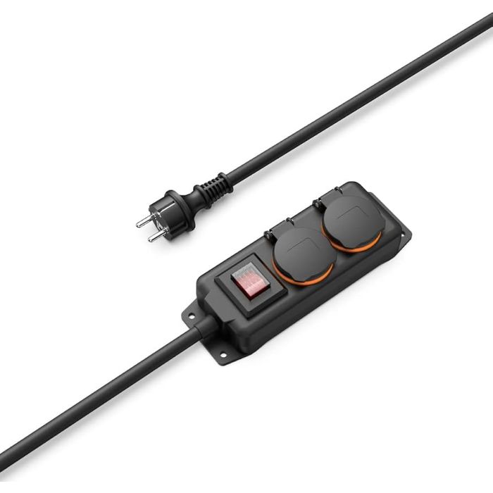 Hama Power Strip, 2-Way, IP44 for Outdoors, Switch, Wall Mounting, 2M, Black (223062)