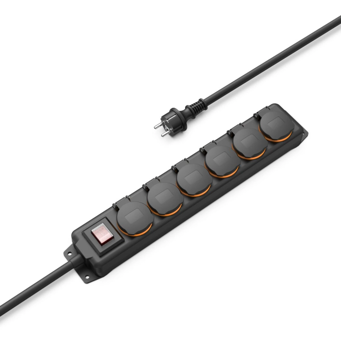 Hama Power Strip, 6-Way, IP44 for Outdoors, Switch, Wall Mounting, 2M, Black (223065)
