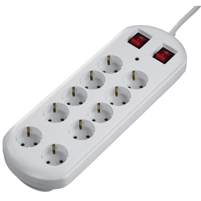 Hama Power Strip, 10-Way, Overvoltage Protection, Two Switches, 2M, White (223163)
