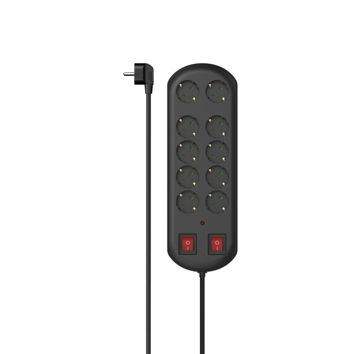 Hama Power Strip, 10-Way, Overvoltage Protection, Two Switches, 2M, Black (223164)