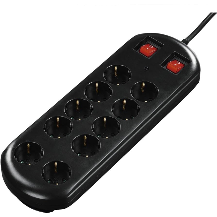 Hama Power Strip, 10-Way, Overvoltage Protection, Two Switches, 2M, Black (223164)
