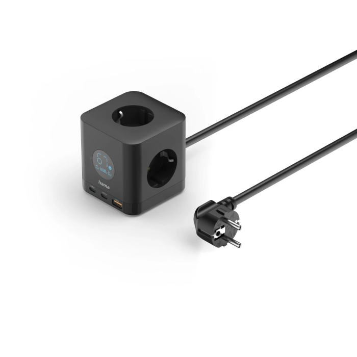 Hama Socket Cube, 3-Way, 2*USB-C, 1*USB-A, 67W, Display, 1.4M, Black (223196)
