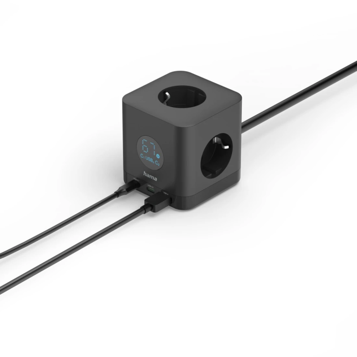 Hama Socket Cube, 3-Way, 2*USB-C, 1*USB-A, 67W, Display, 1.4M, Black (223196)