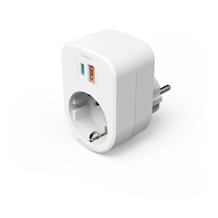 Hama Socket Adapter, 30W, 1*USB-C PD, 1*USB-A, 1 Earthed Contact (223343)