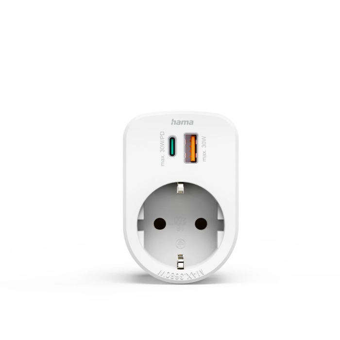 Hama Socket Adapter, 30W, 1*USB-C PD, 1*USB-A, 1 Earthed Contact (223343)