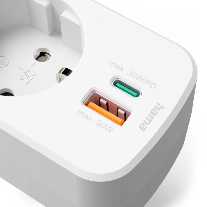 Hama Socket Adapter, 30W, 1*USB-C PD, 1*USB-A, 1 Earthed Contact (223343)