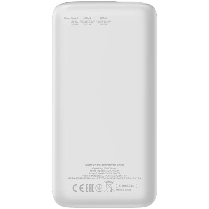 Canyon CNE-CPB301W/Power bank 30000mAh WHT