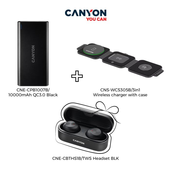 Canyon CNS-WCS305B/3in1 Wireless charger with case+Canyon CNE-CPB1007B/10000mAh QC3.0 Black