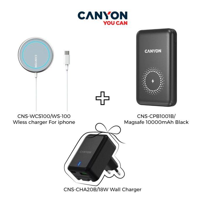 Canyon CNS-CPB1001B/Magsafe 10000mAh Black+Canyon CNS-WCS100/WS-100 Wless charger For iphone