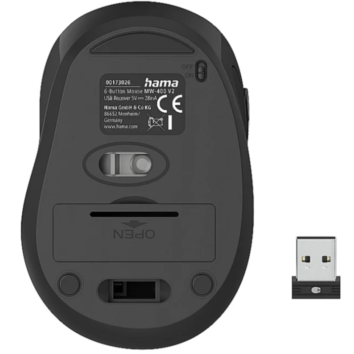 Hama "MW-400 V2" Optical 6-Button Wireless Mouse, Ergonomic, USB Rec., black (173026)