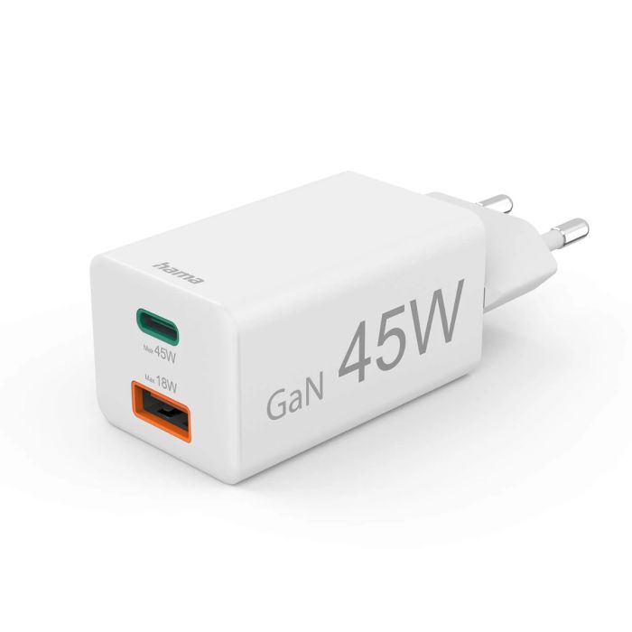 Hama Fast Charger, 1x USB-C, 1x USB-A, Mini Charger, PD, 45 W, white (201993)