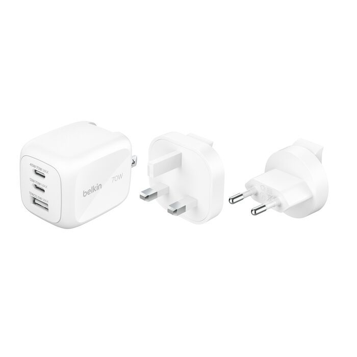Belkin 3-Port GaN Wall Charger 70W + Travel Adapter Kit, White /WCH018HQWH