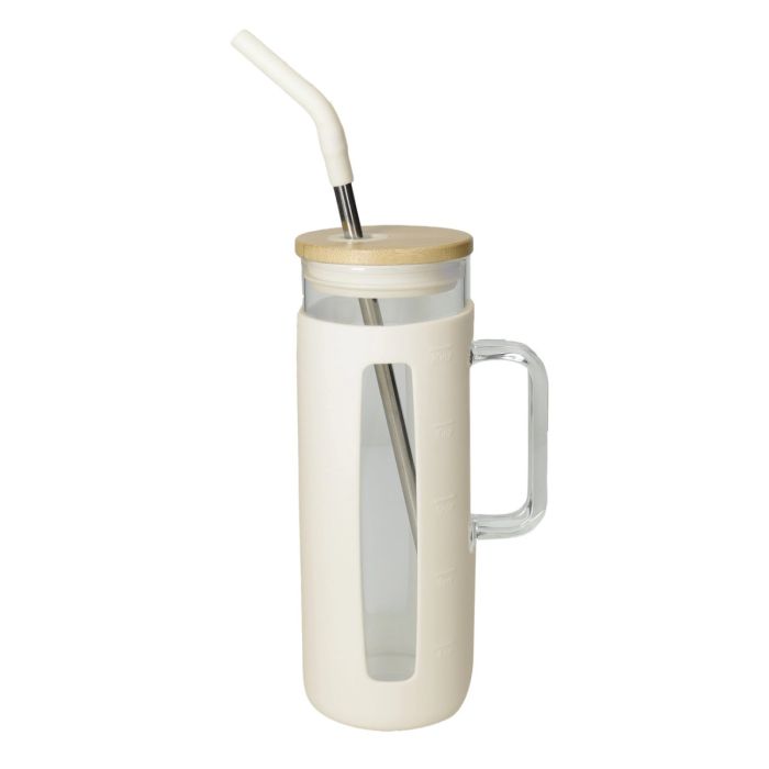 Brandani 51482 white glass mug with w/ss/silicone straw & bamboo top