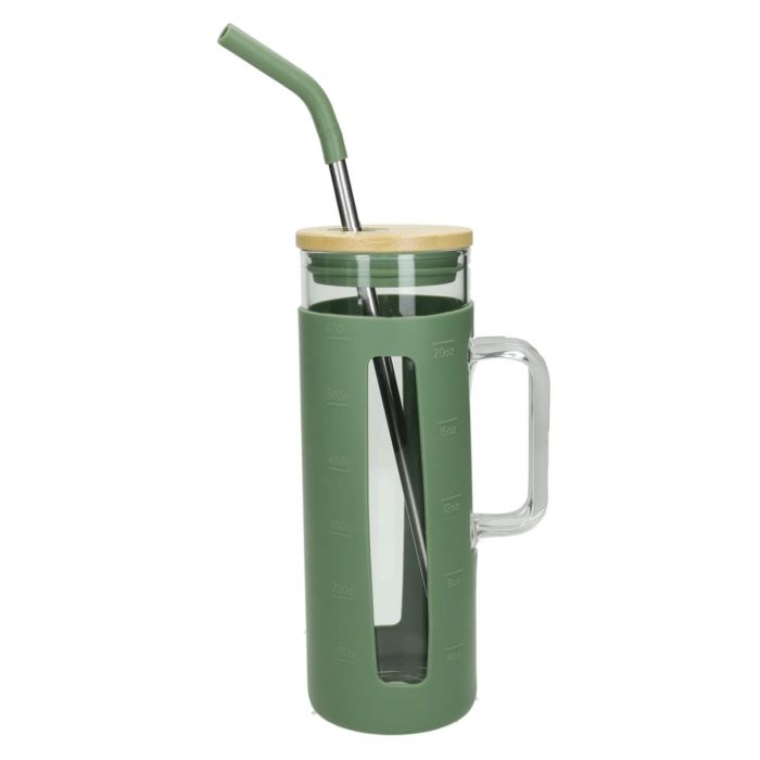 Brandani 51483 green glass mug w/ss/silicone straw & bamboo top