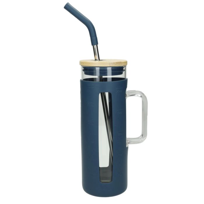 Brandani 51484 blue glass mug w/ss/silicone straw & bamboo top