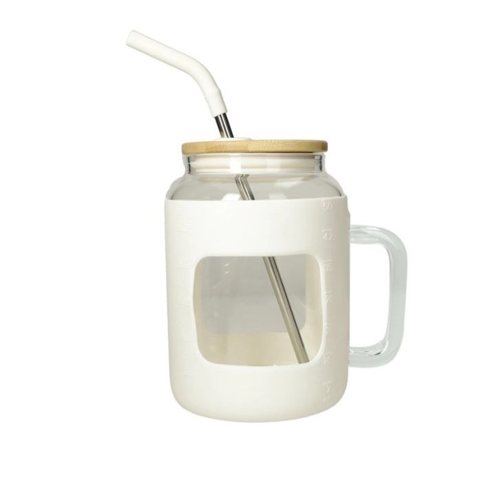 Brandani 51485 white glass mug w/ss/silicone straw & bamboo top