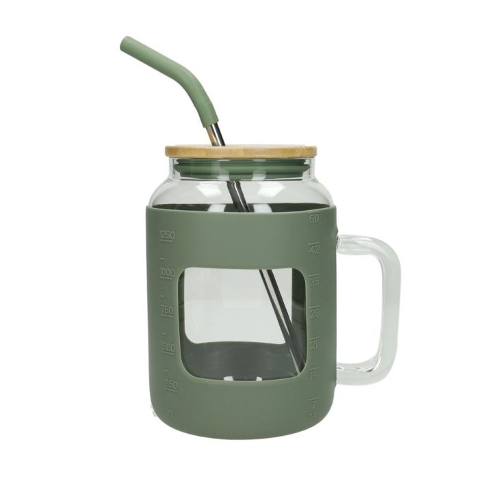 Brandani 51486 green glass mug w/ss/silicone straw & bamboo top