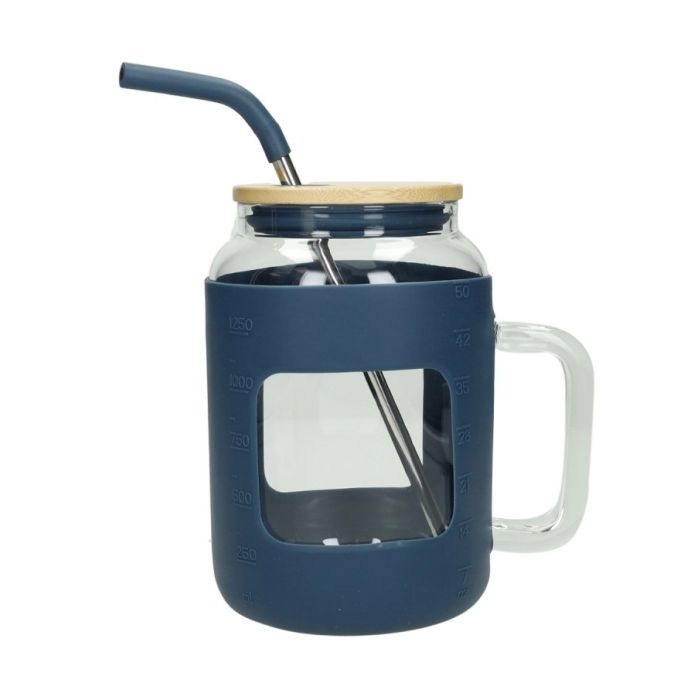 Brandani 51487 blue glass mug w/ss/silicone straw & bamboo top