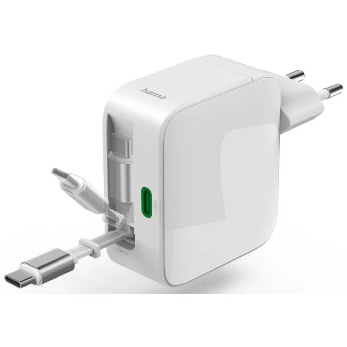 Hama 30W GaN Fast Charger, 2x USB-C with Extendable Cable, White /201956
