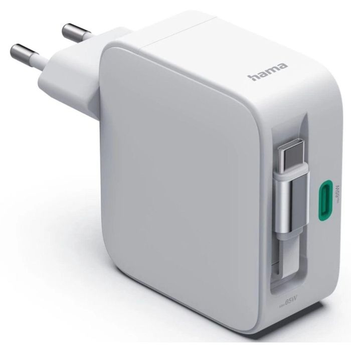 Hama 65W GaN Fast Charger, 2x USB-C with Extendable Cable, White /201957