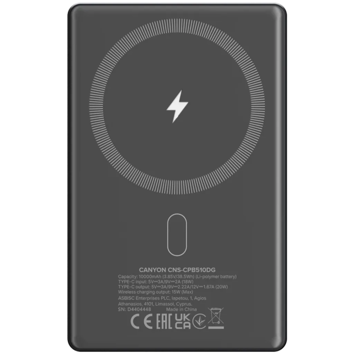 Canyon CNS-CPB510DG/10000mAh Magnetic Power Bank, Grey