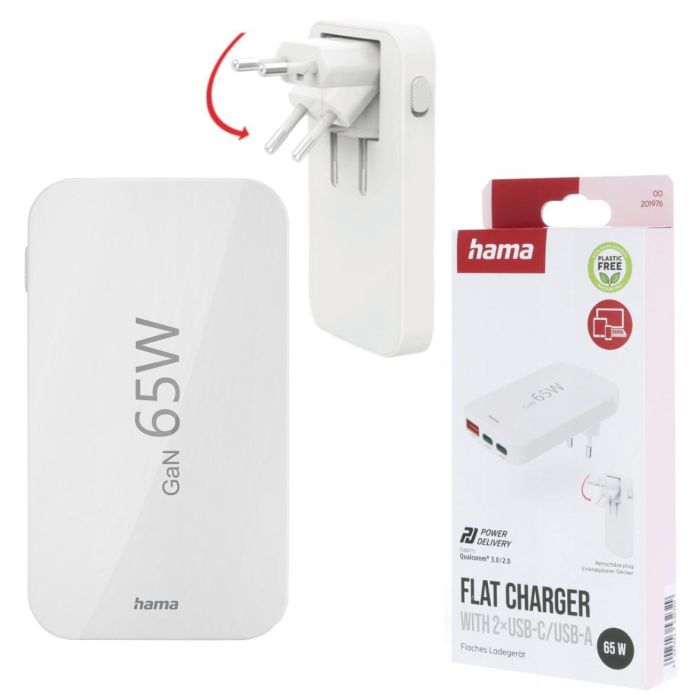 Hama 65W Fast Charger, 2x USB-C, 1x USB-A, Flat Mini Charger, White /201976