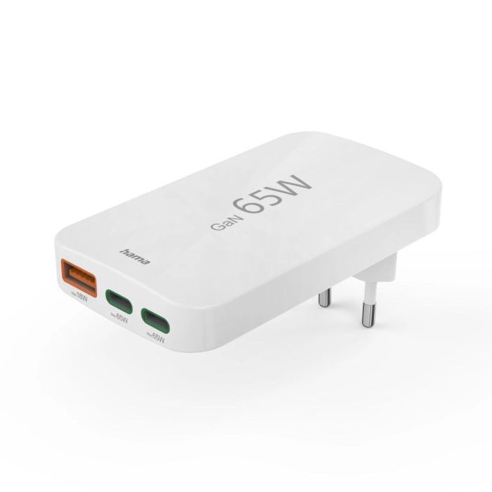 Hama 65W Fast Charger, 2x USB-C, 1x USB-A, Flat Mini Charger, White /201976