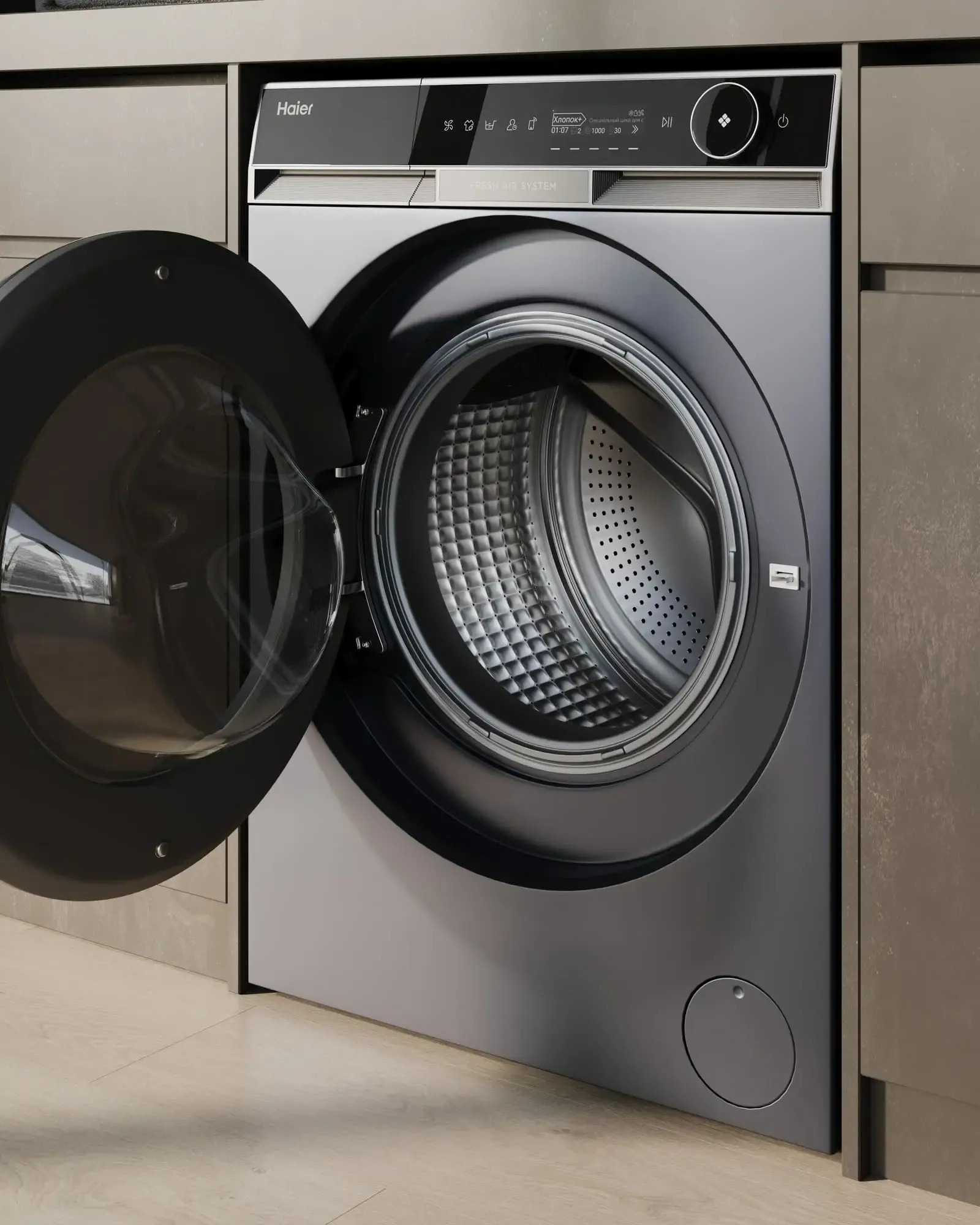 Haier HW120-BD14397SU1 with the door open and 78 L drum